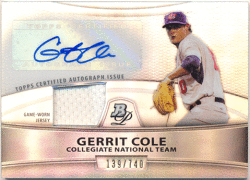 Gerrit Cole MLB 2010 Bowman Platinum Collegiate National Autographed Relic Patch Jersey Auto 139/740