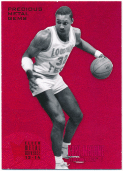 Karl Malone NBA 2013-14 Fleer Retro Metal Universe Precious Metal Gems Red 083/150