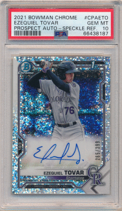 Ezequiel Tovar MLB 2021 Bowman Chrome 1st Bowman Speckle Refractor Auto 265/299 PSA 10