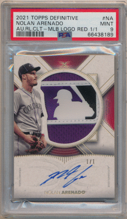 Nolan Arenado MLB 2021 Topps Definitive Collection Red MLB Logo Batter Patch Auto 1/1 PSA 9