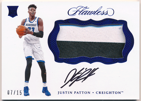 Justin Patton NBA 17-18 Panini Flawless Collegiate RC Sapphire Signature Patch Auto 07/15