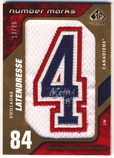 Guillaume Latendresse NHL 08-09 UD SP Game Used Number Marks Patch Autographed Edition Auto 13/25