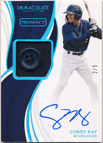 Corey Ray 2019 Panini Immaculate Collection Prospect Blue Button Auto 2/5