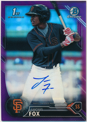 Lucius Fox MLB 2016 Bowman Chrome 1st Bowman Purple Refractor Auto 001/250