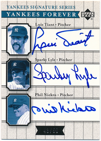 Phil Niekro / Sparky Lyle / Luis Tiant MLB 2003 Upper Deck Yankees Signature Series Yankees Forever Triple Auto 43/50