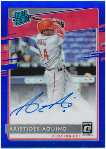 Aristides Aquino 2020 Panini Donruss Optic RC Rated Rookie Blue Prizm Signature Auto 48/75