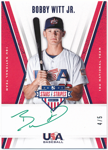 Bobby Witt Jr. MLB 2019 Panini Stars & Stripes USA Baseball 18U National Team Green Ink Signature Auto 4/5