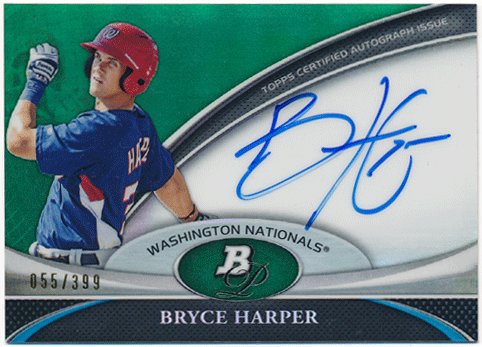 Bryce Harper MLB 2011 Bowman Platinum Green Refractor Signature Auto 055/399
