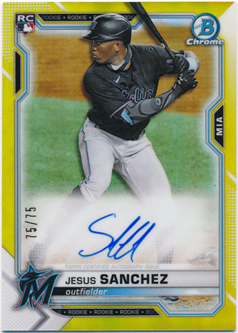 Jesus Sanchez MLB 2021 Bowman Chrome 1st Bowman Yellow Refractor Signature Auto 75/75