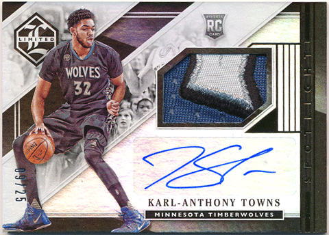 Karl-Anthony Towns NBA 2015-16 Panini Limited RC Rookie Gold Spotlight Signature Patch Auto 09/25
