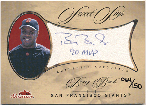 Barry Bonds MLB 2003 Fleer Showcase Sweet Sigs Signature Auto 90 MVP Inscription入り 064/150