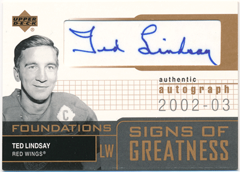 Ted Lindsay NHL 2002-03 Upper Deck Foundations Signs of Greatness Signature Auto