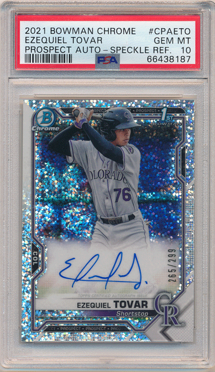Ezequiel Tovar MLB 2021 Bowman Chrome 1st Bowman Speckle Refractor Auto 265/299 PSA 10