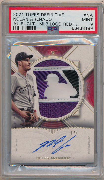Nolan Arenado MLB 2021 Topps Definitive Collection Red MLB Logo Batter Patch Auto 1/1 PSA 9