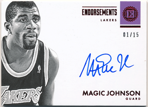 Magic Johnson NBA 2017-18 Panini Encased Endorsements Red Signature Auto 01/15