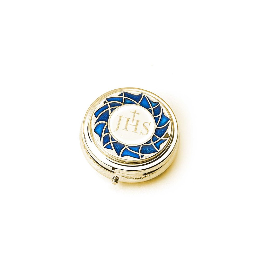 司祭または聖体奉仕者向け販売　　イタリア　SC048DB　PXY　ピクシス　IHS　ブルー　聖体ケース　金色　径４６ｍｍ　Box in metal, round, with plaque in enamelled oxidised metal
