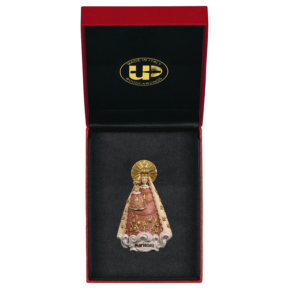 ULPE WOOD ART　イタリア　木彫  マリアゼルの聖母子　赤オレンジ　７センチ　ケース付き　UP077000E7
