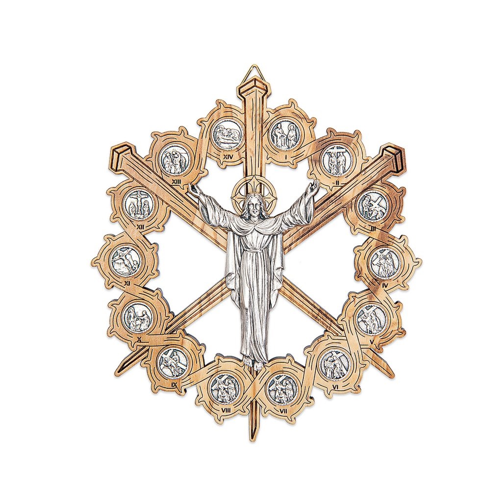 イタリア　 LALVC087　十字架の道行クロス　ラウンド型　１２．５センチ　Crown Via Crucis in Olive Wood with Ox Met.Plaques cm.12,5x11