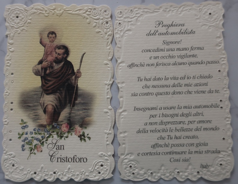 HOLYART　SA002111   イタリア　飾りエンボス厚紙加工　ご絵　聖クリストファー　イタリア語　6.8x 10.5Cm　裏外国語の祈り