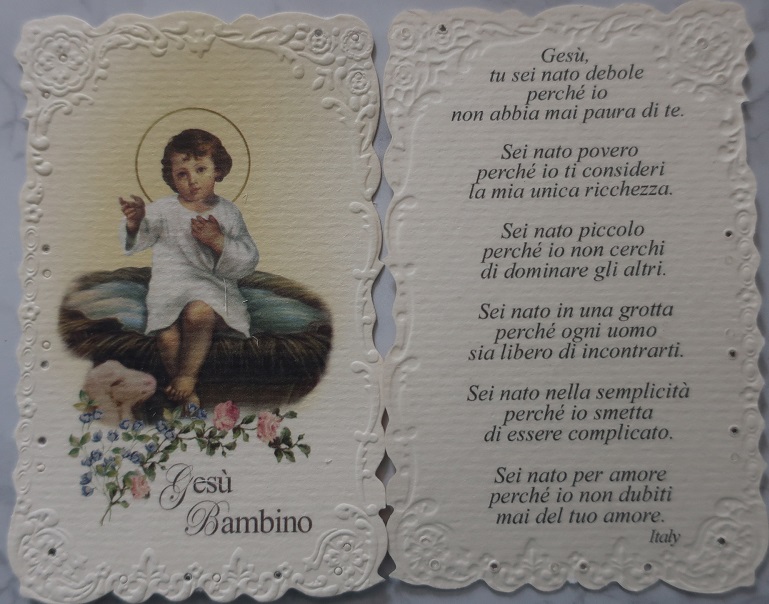 HOLYART　SA002115   イタリア　飾りエンボス厚紙加工　ご絵  無原罪　イタリア語　6.8x 10.5Cm　裏外国語の祈り