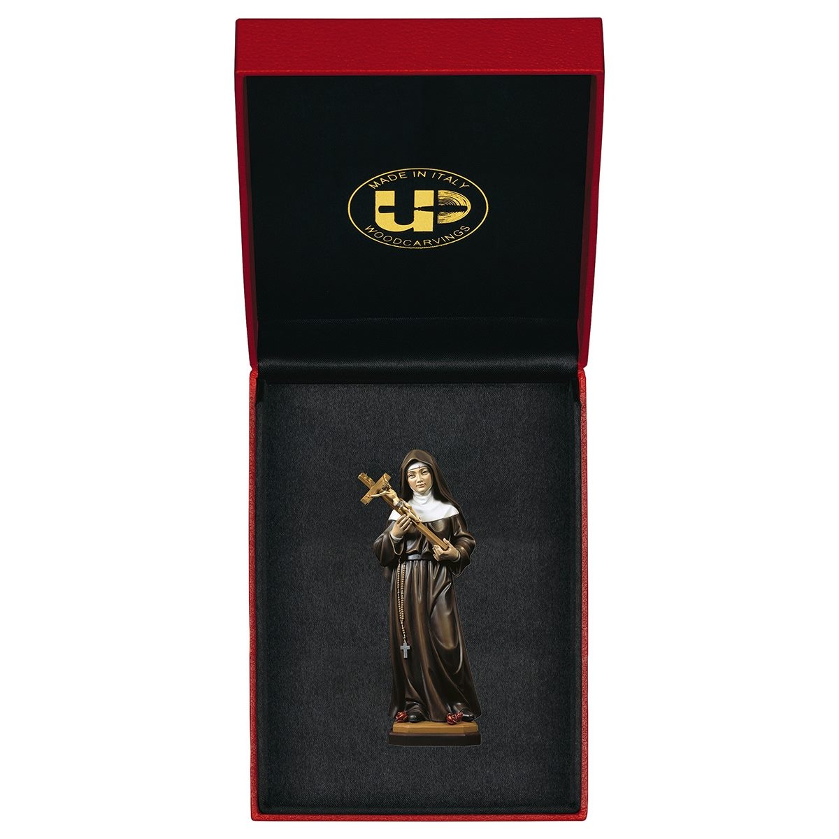ULPE WOOD ART　イタリア　木彫　聖リタ　十字架 ８センチ　ST. RITA OF CASCIA WITH CRUCIFIX + GIFT BOX UP235101E8