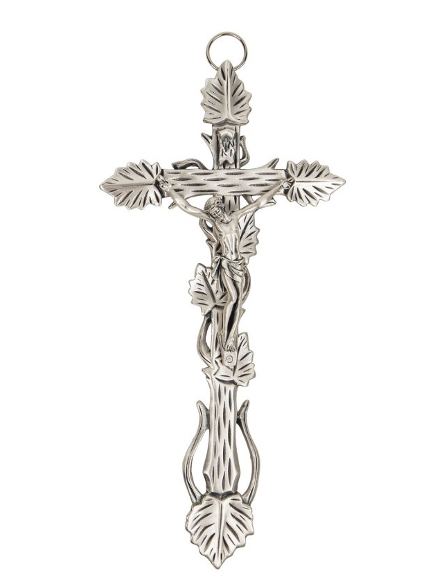 イタリア　LALCL261AGR　つや消しメタルアイビークロス　イエスボディ付き　Brushed Metal Ivy Cross with Brusched Metal Christ cm.27x13 - ARGENTATO
