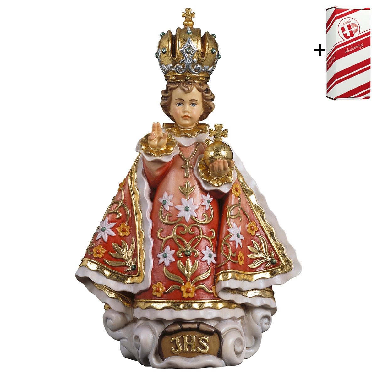 ULPE WOOD ART　イタリア　木彫  プラハの聖幼子　プラハのサントニーニョ　12センチ　INFANT OF PRAGUE + CASE　赤オレンジ　12センチ　ケース付き　　UP273000B12