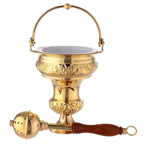 HL0299  イタリア　教会用  金真鍮アスペルジュ付き聖水バケツ 30cm　Holy water pot ＆ Aspergillum