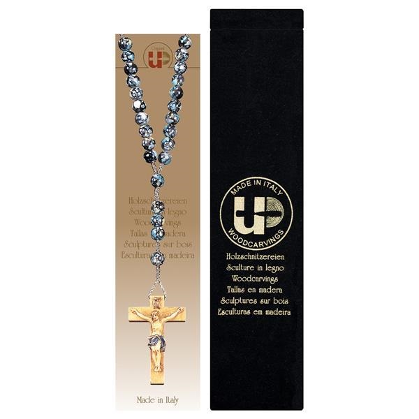 ULPE WOOD ART　イタリア　木彫   木製マーブルロザリオブラック　８ミリ珠　ROSARY MARBLED BLACK WITH CRUCIFIX + VELVET CASE UP4000013S
