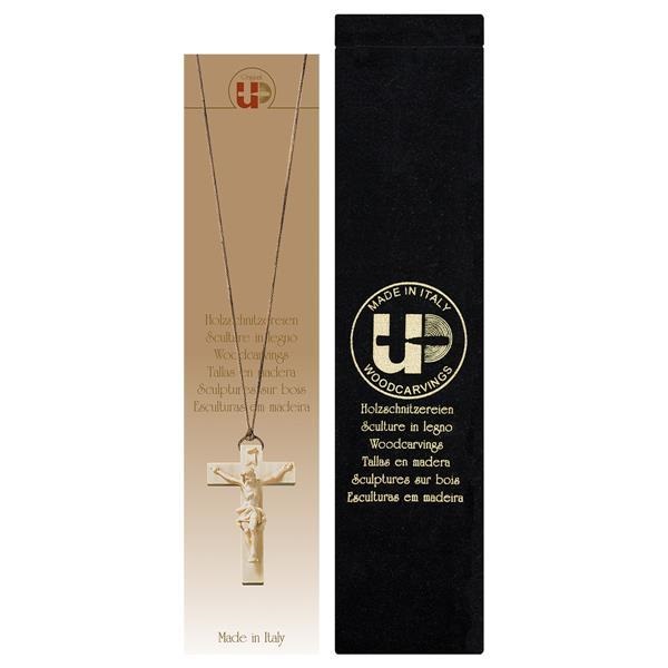 ULPE WOOD ART　イタリア　木彫   ナチュラルクロスペンダント　クロス５．２×３．２センチ　天然紐３８センチ　CRUCIFIX NAZAREAN NECKLACE WITH VELVET CASE　UP401001SN