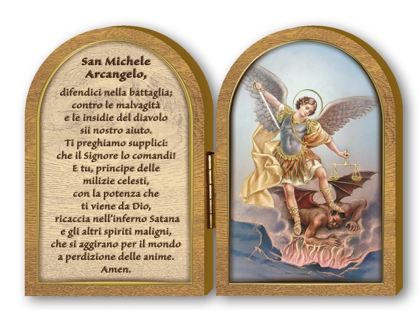 FRATELLI BONELLA　イタリア　三面卓上板絵　 FB571-13  祈りを記した聖ミカエルの木製二連祭壇画 １２x 9cm