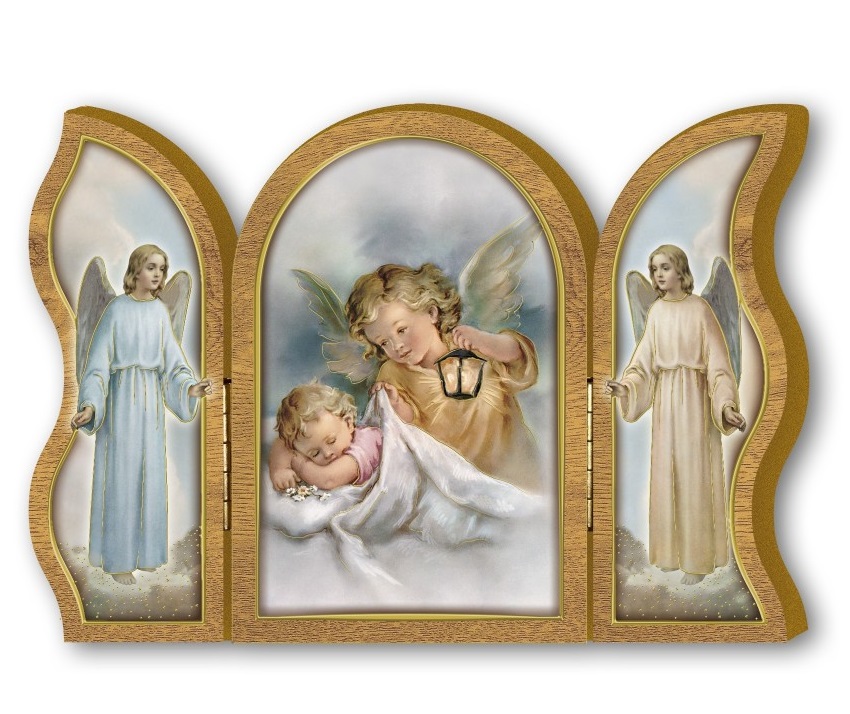 FRATELLI BONELLA　イタリア　三面卓上板絵　 FB572-33  ランタンを備えた天使の木製の祈りの三連祭壇画  12 x 9 cm