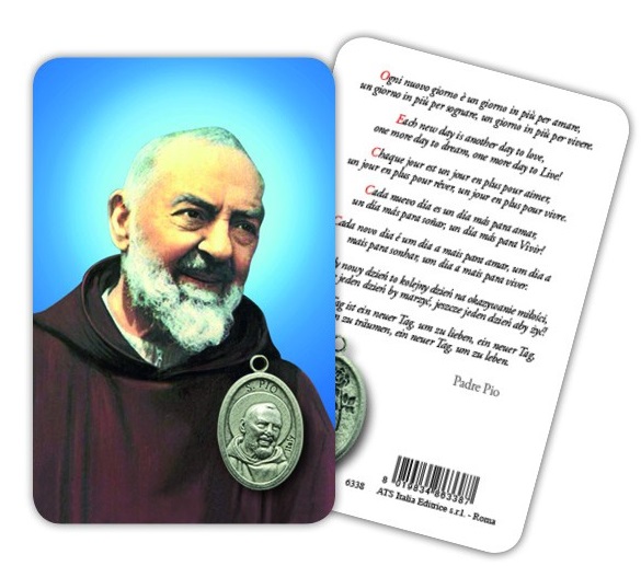 ATSITALIA 　メダイ付きカード　多言語　聖ピオ神父　6338 メダルがラミネートされた祈りのカード　Saint Pio - Laminated prayer card with medal