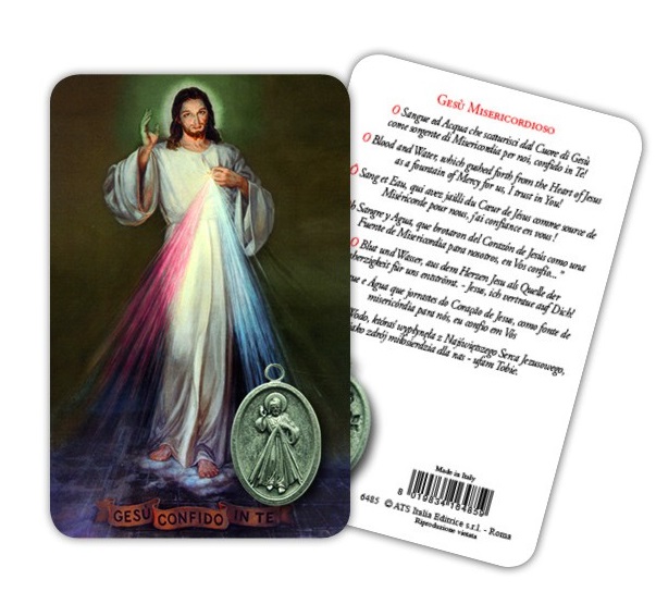 ATSITALIA 　メダイ付きカード　多言語　いつくしみのイエス　6485 　メダルがラミネートされた祈りのカード　 Merciful Jesus - Laminated prayer card with medal