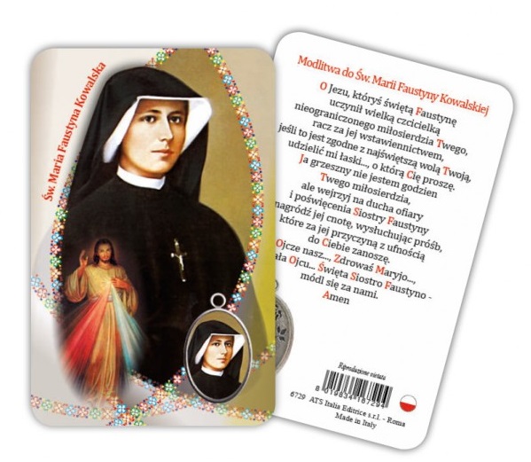 ATSITALIA 　メダイ付きカード　ポーランド語　聖ファスティナ　6729　 メダルがラミネートされた祈りのカード　Saint Faustyna Kowalska - Laminated prayer card with medal