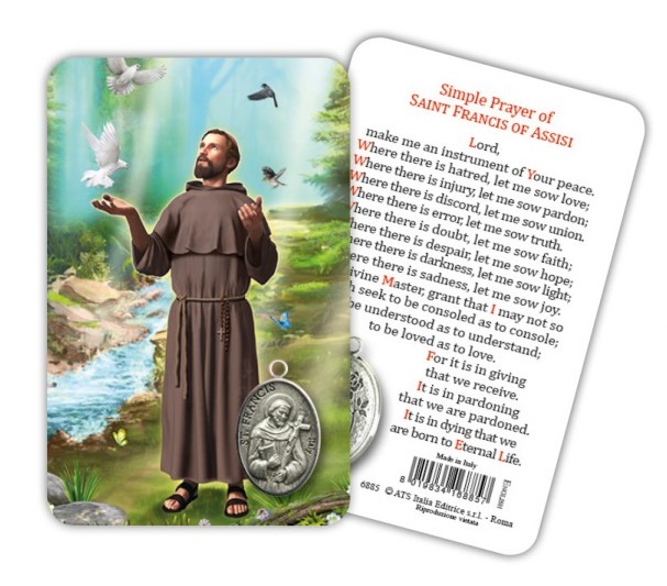 ATSITALIA 　メダイ付きカード　英語　アッシジの聖フランシスコ　6885 メダルがラミネートされた祈りのカード　Our Lady of the Rosary - Laminated prayer card with medal　Saint Francis of Assisi - Laminated prayer card with medal