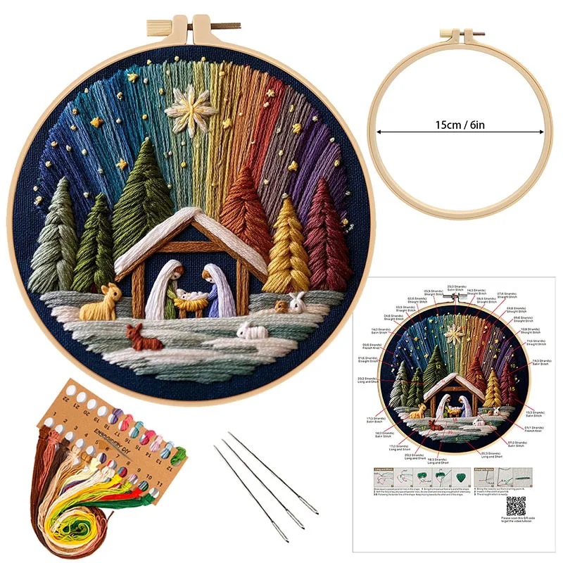 手刺繍用　初心者用　刺繍キット　ROAL713935　クリスマス　ご降誕　15センチ枠＋刺繍糸＋英語解説書　つき　１セット