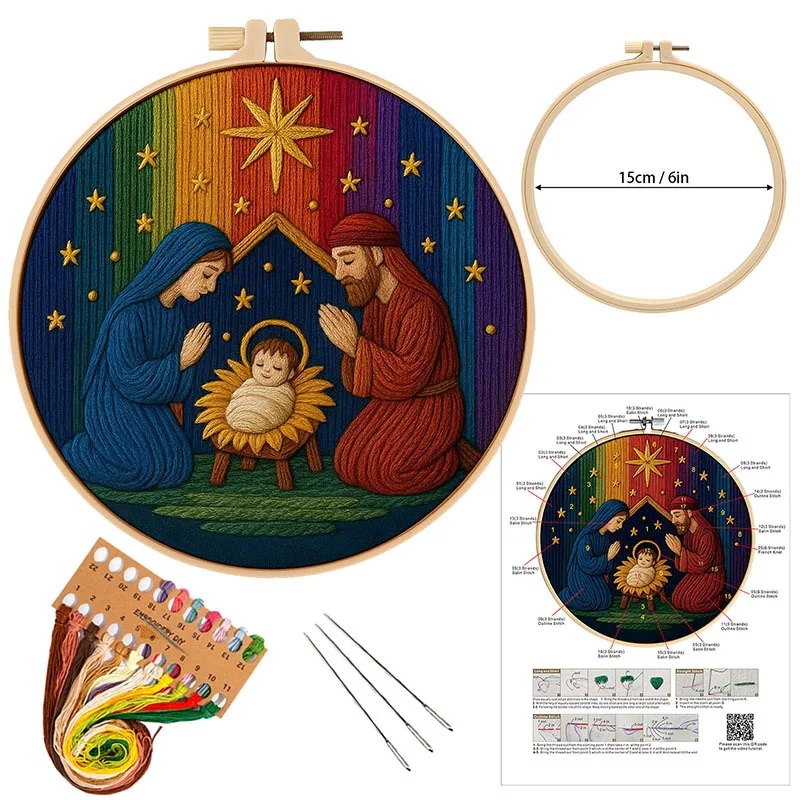 手刺繍用　初心者用　刺繍キット　ROAL713935　クリスマス　ご降誕　15センチ枠＋刺繍糸＋英語解説書　つき　１セット