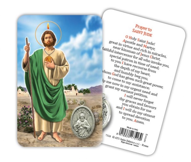 ATSITALIA 　メダイ付きカード　英語　聖ユダ　ユダタダイ　 メダルがラミネートされた祈りのカード　Saint Jude - Laminated prayer card with medal