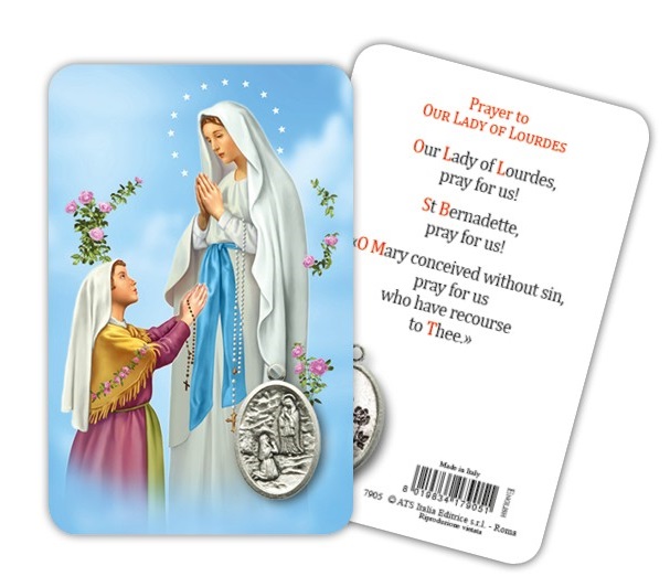ATSITALIA 　メダイ付きカード　英語　ルルドの聖母　7905　 メダルがラミネートされた祈りのカード　Our Lady of Lourdes - Laminated prayer card with medal