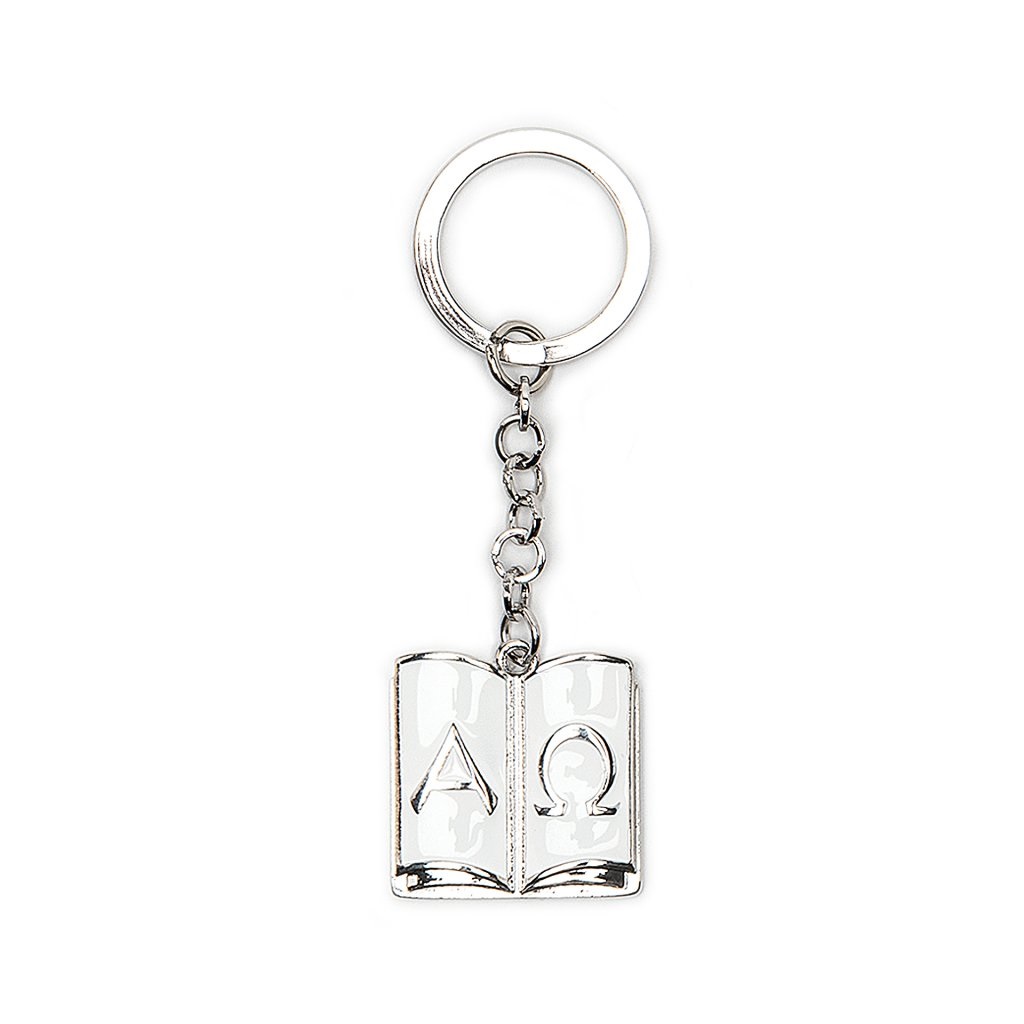 イタリア　LALAF005   メタルキーホルダー　聖書　はじまりと終わり　Lux Enameled Metal Keychain Book with envel.+ticket cm.3,2x3 - BIANCO