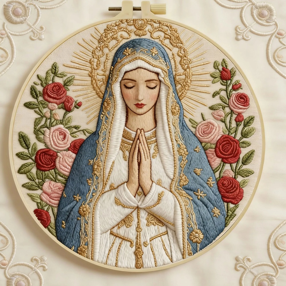 手刺繍用　聖母の祈り　刺繍製作キットROAL713882　　２０センチ枠＋刺繍糸＋英語解説書　つき　１セット