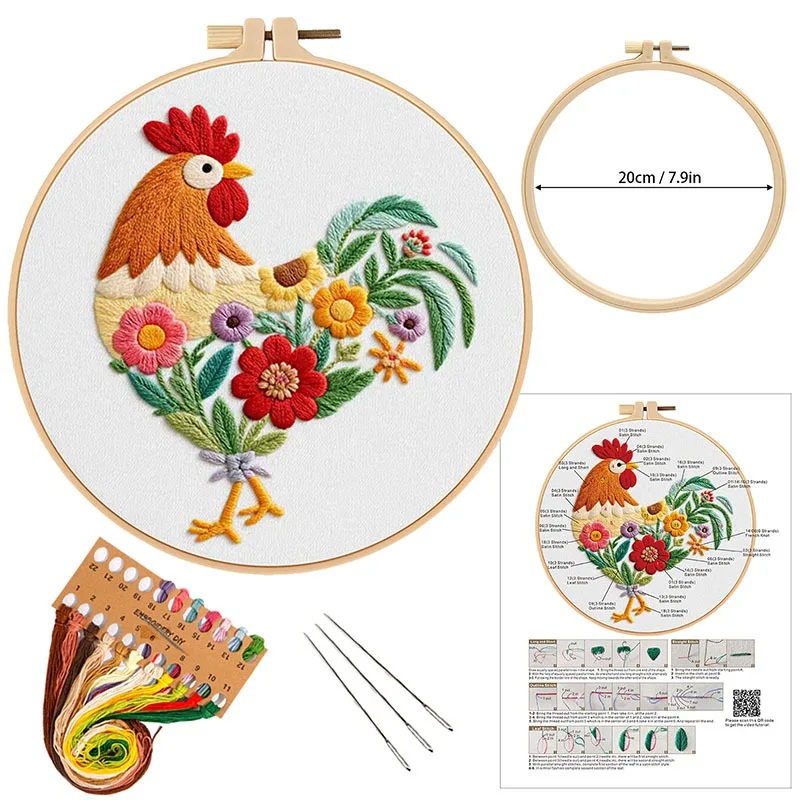 手刺繍用　初心者用　刺繍キット　ROAL713996　イースターにわとり　２０センチ枠＋刺繍糸＋英語解説書　つき　１セット