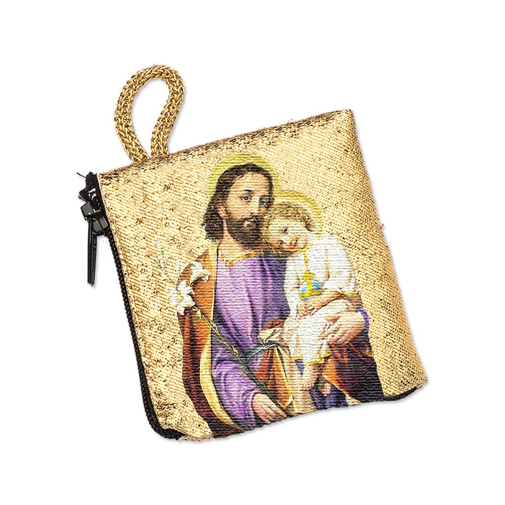 イタリア　 LALB11-253  　布製ロザリオ入れ　８×６．５センチ　聖父子　チャック式　Little cloth purse with image