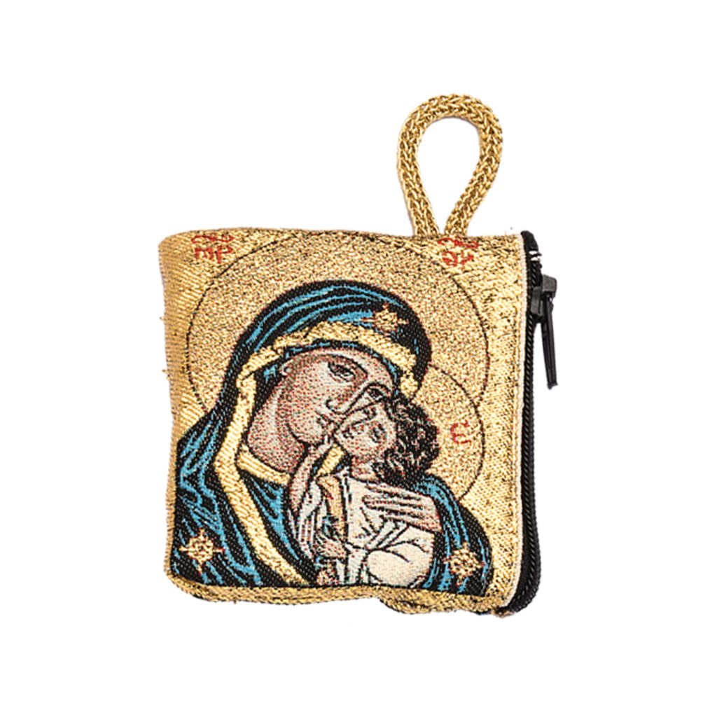 イタリア　 LALB11-63 　布製ロザリオ入れ　８×６．５センチ　聖母子　チャック式　Little cloth purse with image