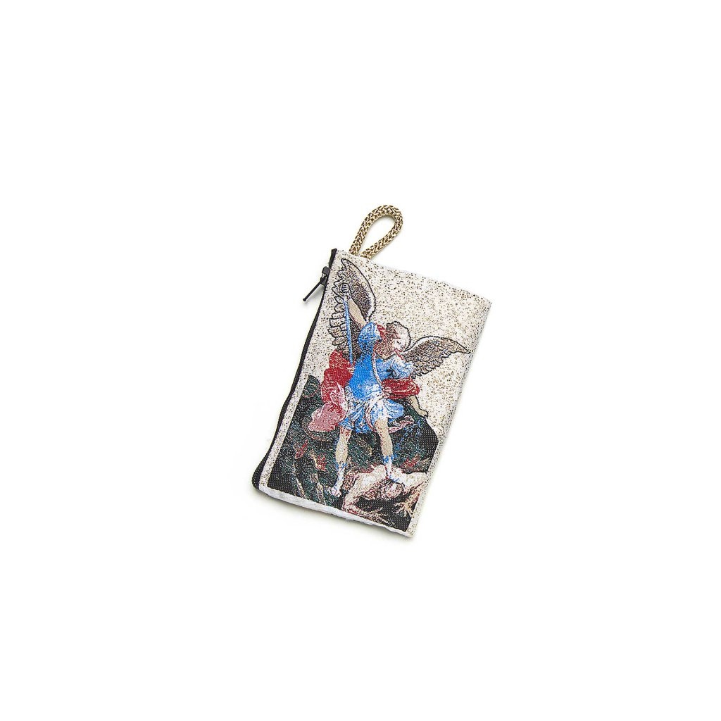 イタリア　 LALB11-22 　白または金色　布製ロザリオ入れ　７．２×６．５センチ　ミカエル　チャック式　Little cloth purse with image