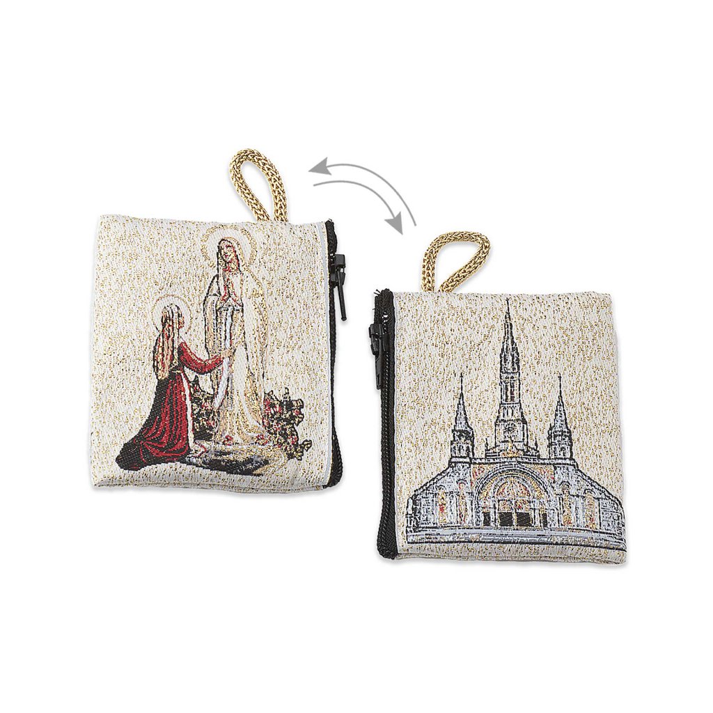 イタリア　 LALB11-15  　布製ロザリオ入れ　８×６．５センチ　チャック式　金地　ルルドの聖堂とご出現　Little cloth purse with image  - MADONNA LOURDES CON BERNARDETTE