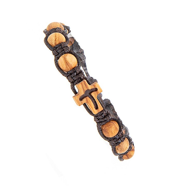 イタリア　 LALCC157  ロザリオブレスレット　クロスつきオリーブ　Brown String Bracelet with Olive Cross and Beads with Env.and Card