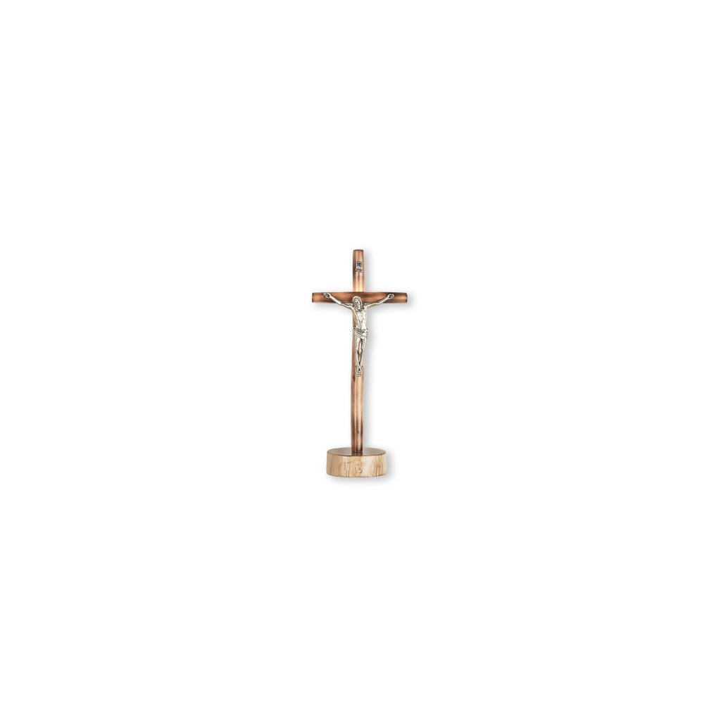 一般不可　転売不可　イタリア　 LALCC303B　卓上　木製丸クロス 　Fir Wood Cross Metal Christ With Base + Box cm.14x6,5