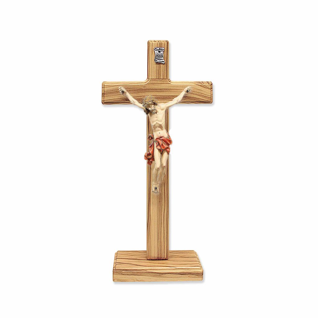 イタリア　 LALPG672B　寄木ボディメタル　卓上聖ベネディクトクロス 　２０センチ　Cross Olive wood S.Ben.+ body metal whit marquetry+card+box+base cm.20,4x10